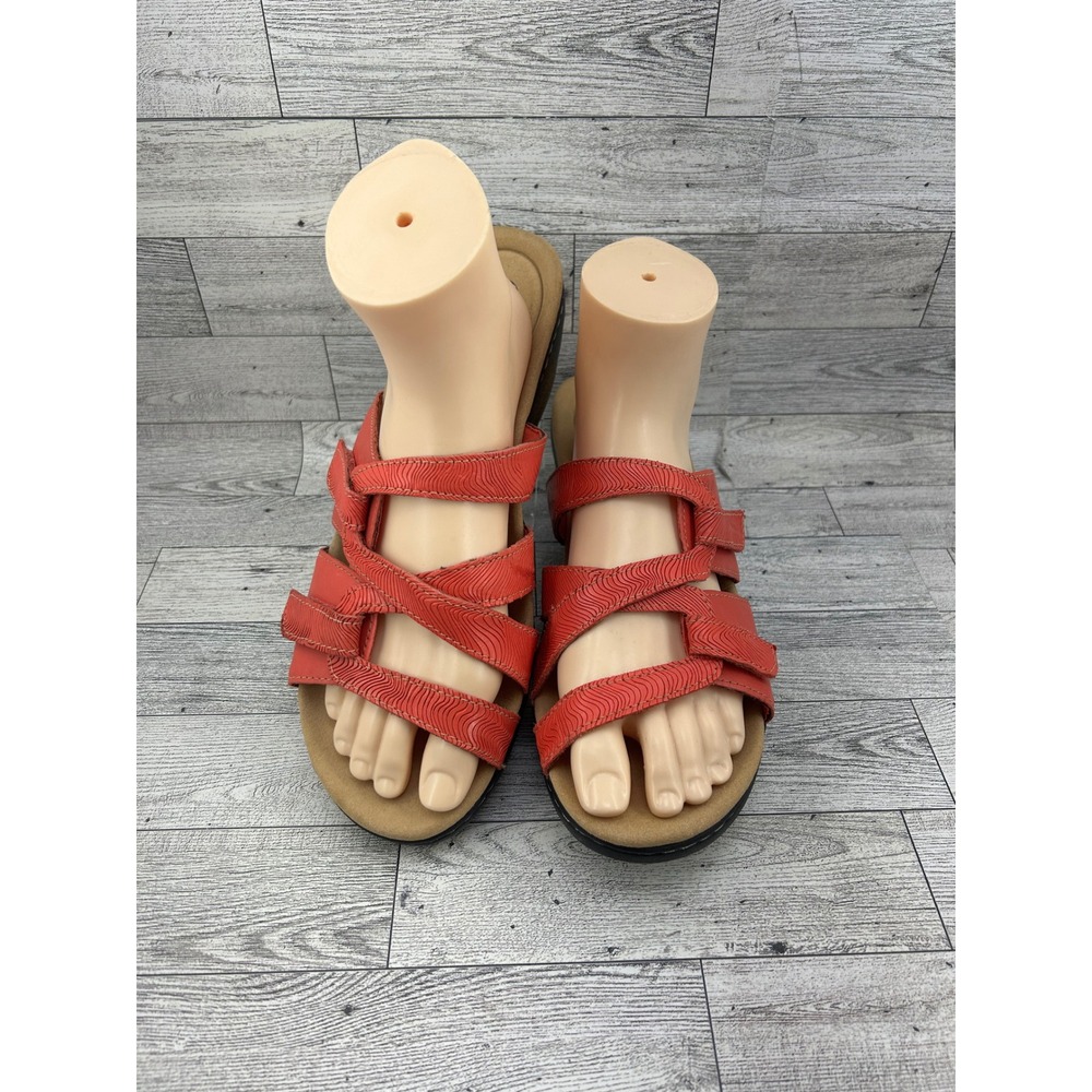 Clarks Collection Women Coral Red Leather Slide Sandals Wedge Size 11